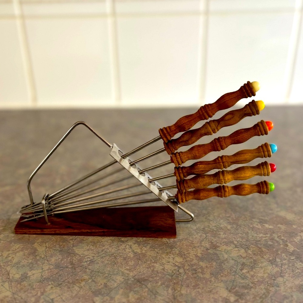 70's Wooden Fondue Forks and Caddy Set -6 -  Fondue Picks - Fondue Party Forks